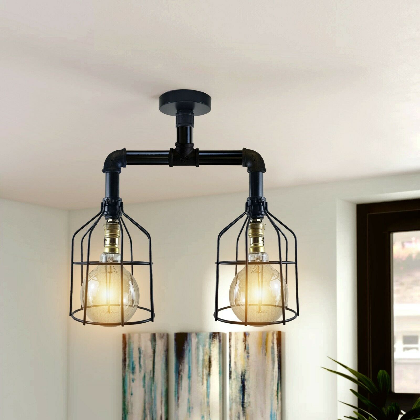 Industrial B22 Vintage Ceiling Lights Metal Pipe Retro Loft Ceiling and Cage Lamps~3667 - LEDSone UK Ltd