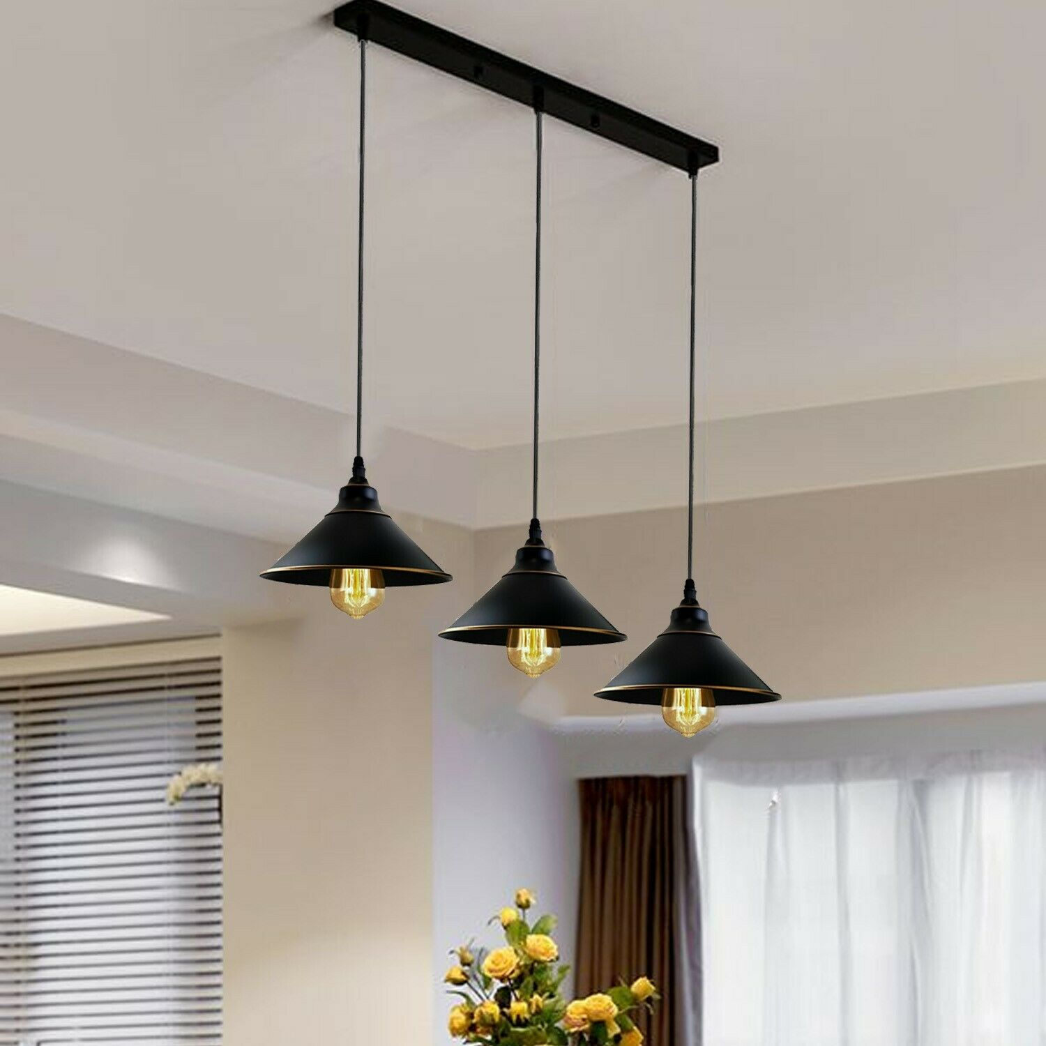 Industrial Vintage Ratio 3 head Rectangle Black cone Ceiling Pendent lights E27 Holder Chandelier~3707 - LEDSone UK Ltd