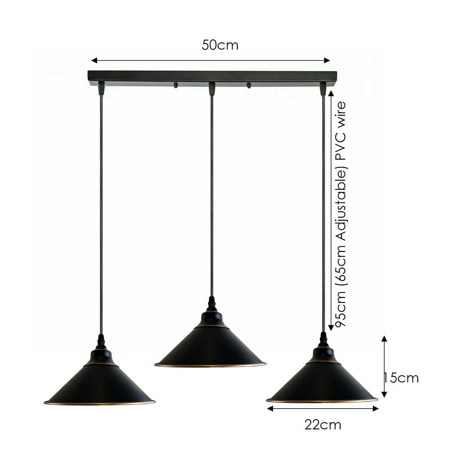 Industrial Vintage Ratio 3 head Rectangle Black cone Ceiling Pendent lights E27 Holder Chandelier~3707 - LEDSone UK Ltd