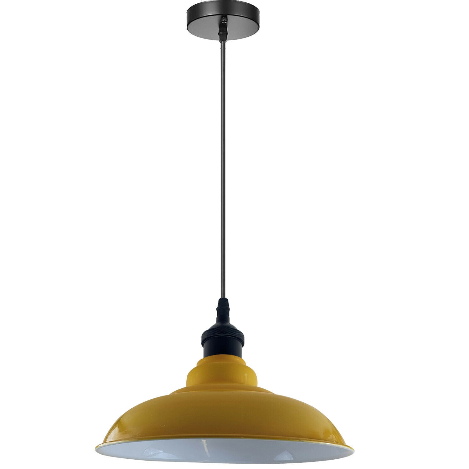 Yellow metal pendant lamp shade in an antique style, perfect for a dining room.