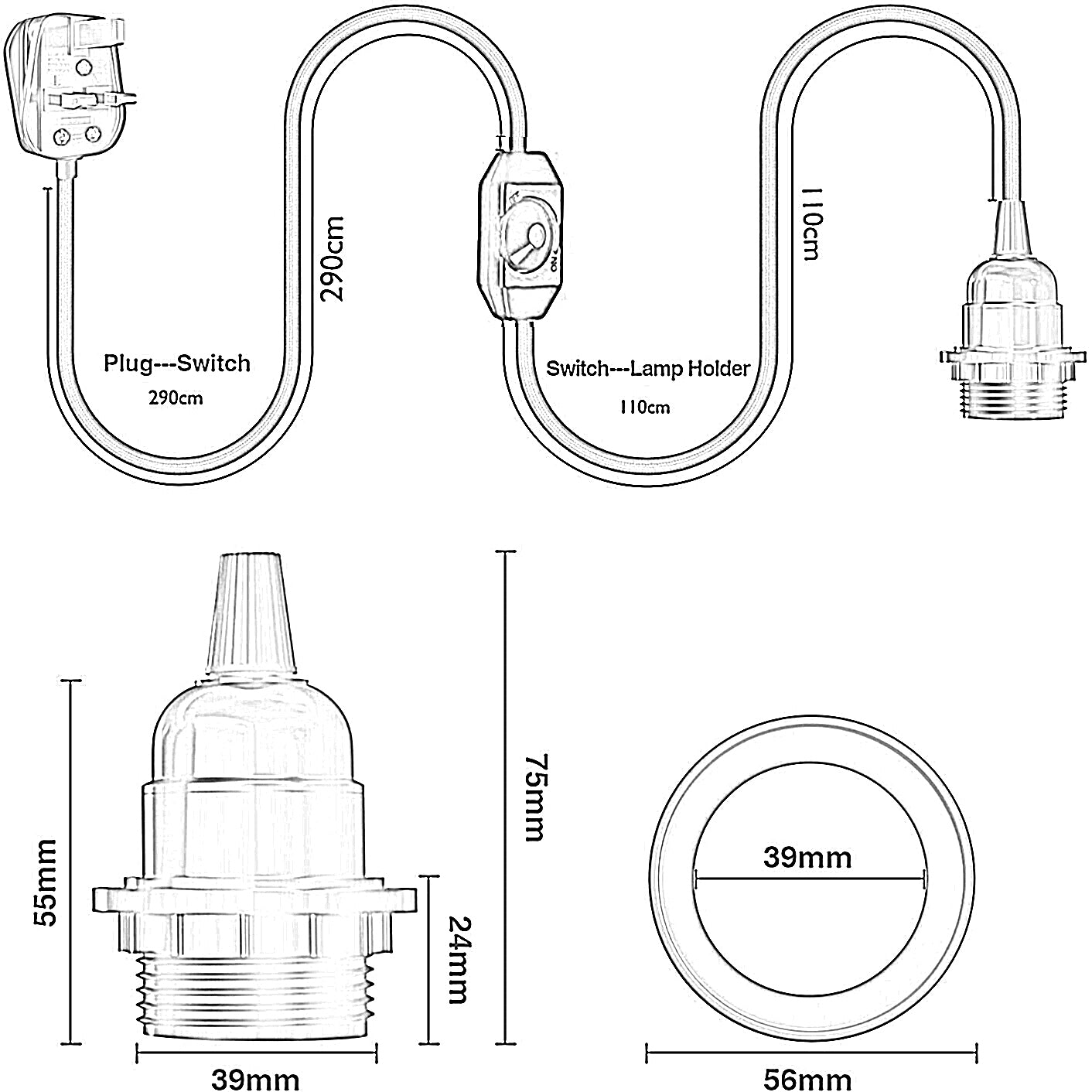 4M Fabric Flex Cable UK Black colour Plug In Pendant Lamp Light Set E27 Bulb Holder+ switch~3747 - LEDSone UK Ltd