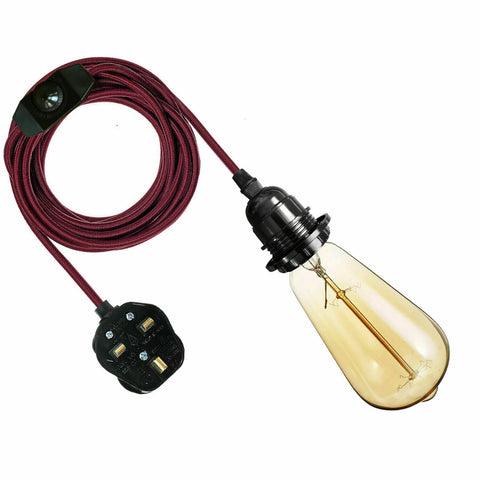 Câble flexible en tissu de 4m, couleur bordeaux britannique, ensemble de lampes suspendues, support d'ampoule E27 + interrupteur ~ 3745