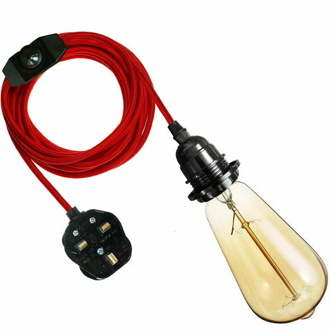 Câble en tissu de 4m, prise rouge britannique, interrupteur porte-ampoule pour lampe suspendue ~ 3752