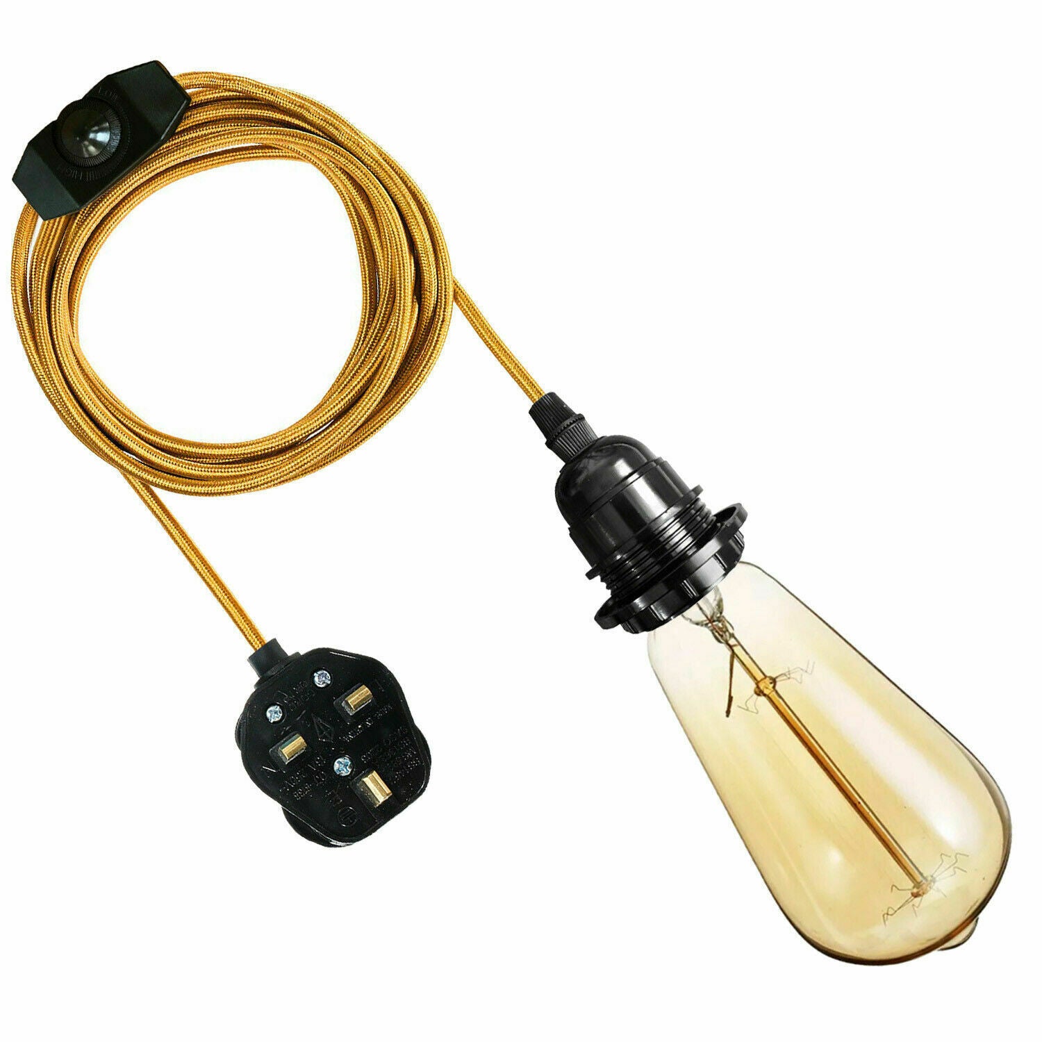 4M Fabric Flex Cable UK Gold colour Plug In Pendant Lamp Light Set E27 Bulb Holder+ switch~3749 - LEDSone UK Ltd