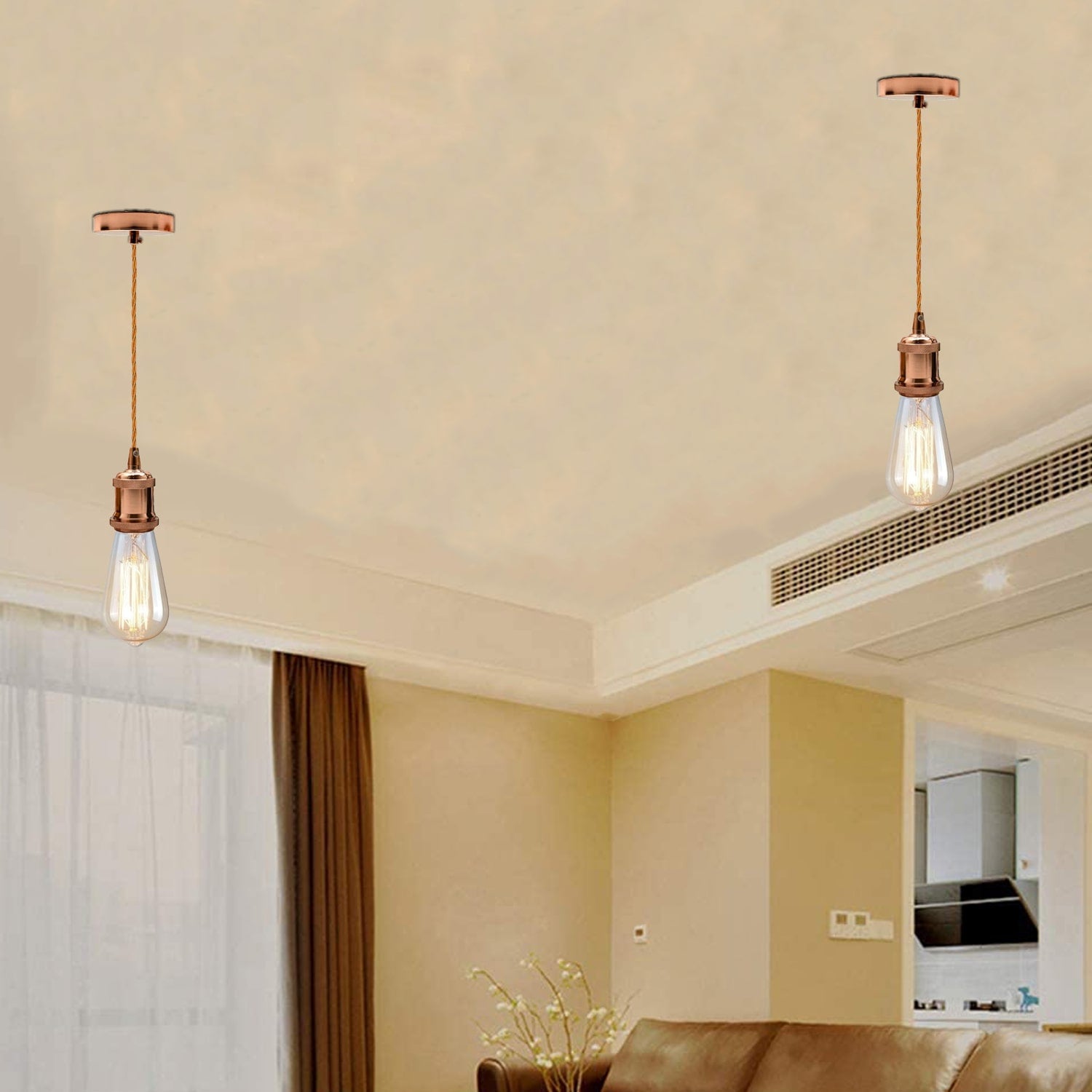 Rose Gold Vintage Metal Ceiling Light Fitting Rose Gold Twisted Braided Flex 2m E27 Lamp Holder Suspended Pendant Light Fitting Kit for Indoor Lightings