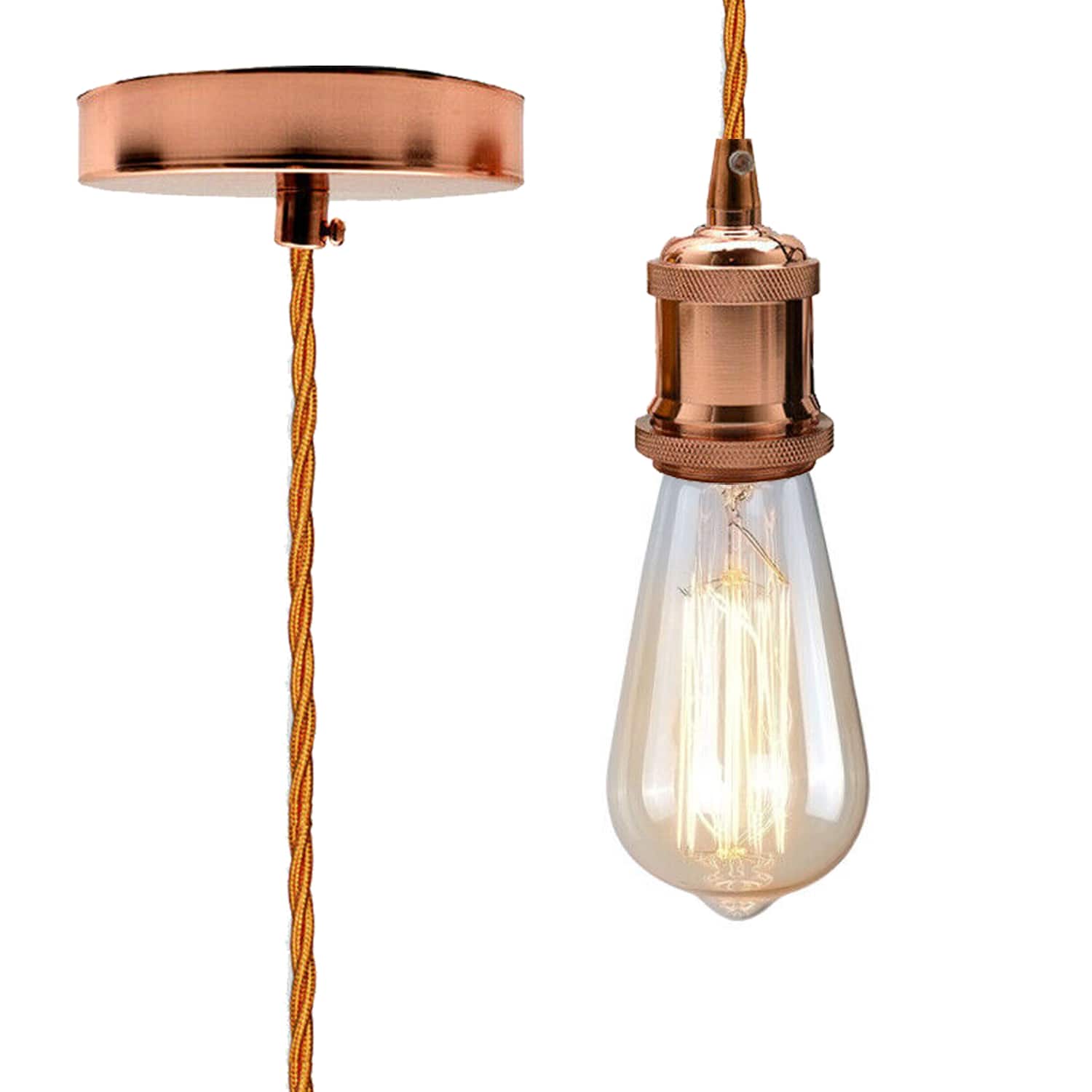 Rose Gold Vintage Metal Ceiling Light Fitting Rose Gold Twisted Braided Flex 2m E27 Lamp Holder Suspended Pendant Light Fitting Kit for Indoor Lightings