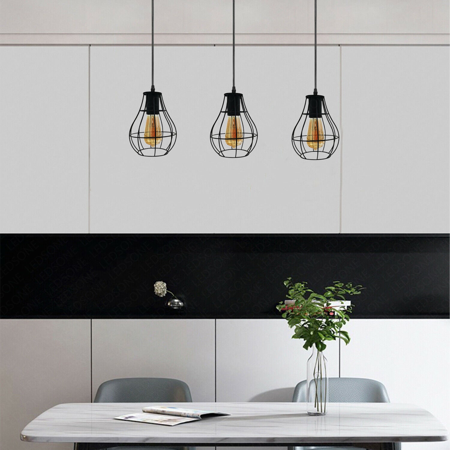 Vintage 3-Lights Rectangle Ceiling Lamp Adjustable Hanging Pendant Lights Industrial Flush Mount Ceiling Lighting Fixture E27 Base Black Hanging Lamp for Kitchen Dining Room Hallway Bed room