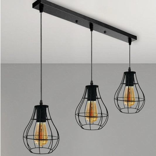 Vintage 3-Lights Rectangle Ceiling Lamp Adjustable Hanging Pendant Lights Industrial Flush Mount Ceiling Lighting Fixture E27 Base Black Hanging Lamp for Kitchen Dining Room Hallway Bed room