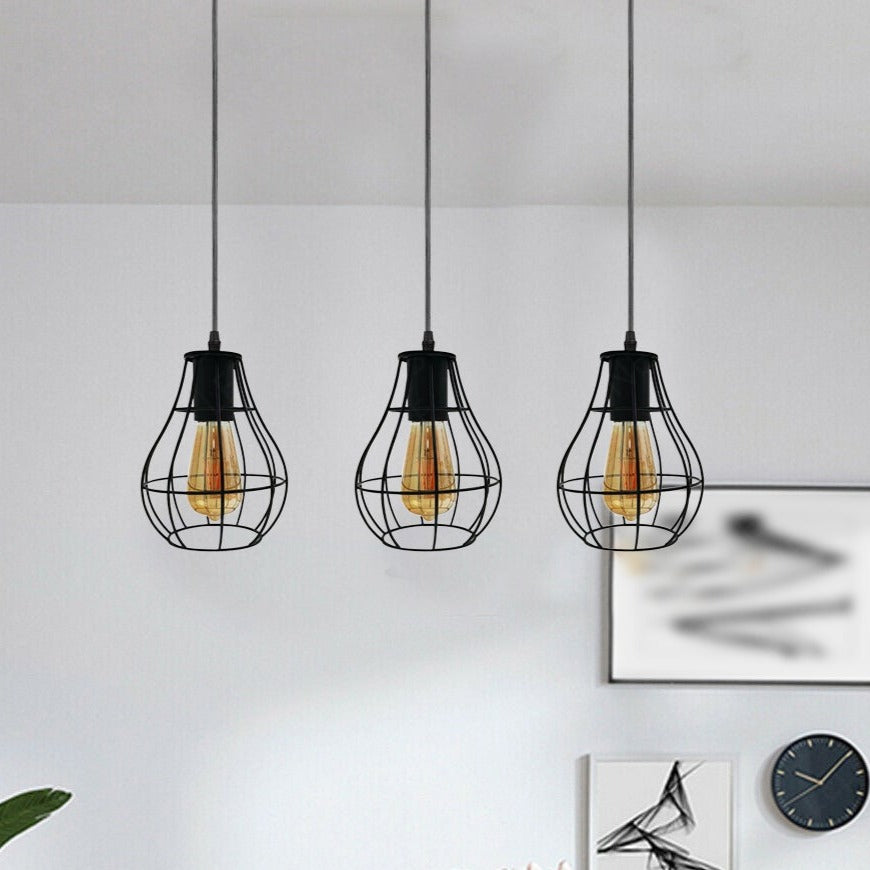 Vintage 3-Lights Rectangle Ceiling Lamp Adjustable Hanging Pendant Lights Industrial Flush Mount Ceiling Lighting Fixture E27 Base Black Hanging Lamp for Kitchen Dining Room Hallway Bed room