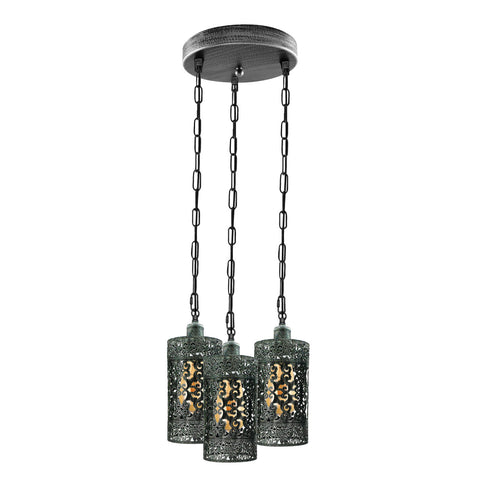 Lampe rétro industrielle vintage à 3 voies, pendentif de plafond rond, base e27, cage en argent brossé ~ 3934