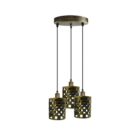 Lampe rétro industrielle vintage à 3 voies, pendentif cage en laiton brossé, plafond rond, base e27 ~ 3941