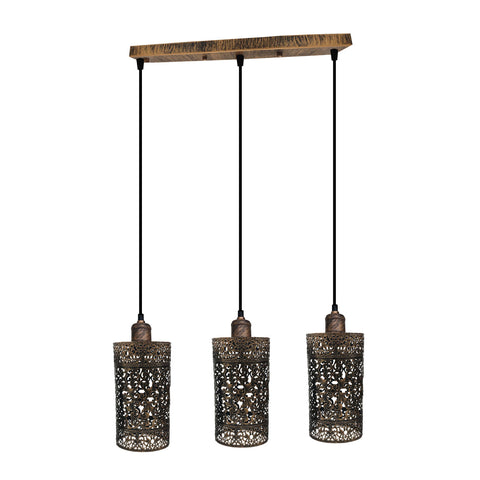 Lampe suspendue industrielle vintage rétro, cylindre à tambour rectangulaire à 3 voies, base de plafond en cuivre brossé, finition brossée ~ 4017