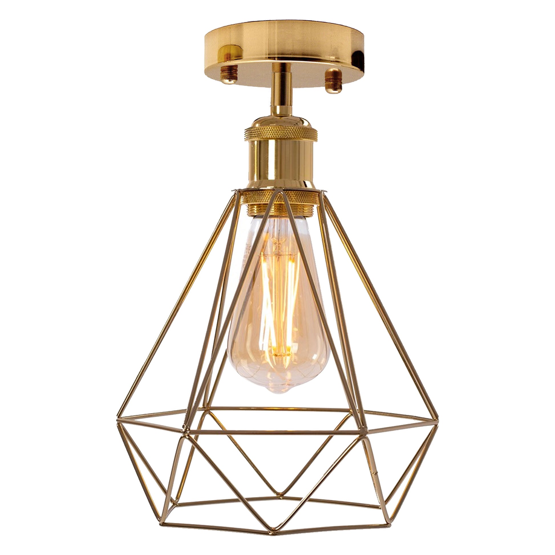 Vintage Gold Flush Mount Ceiling Light Fixture Metal Cage Ceiling Lampshade with E27 Holder for Living Room Kitchen Bedroom Hallway Courtyard