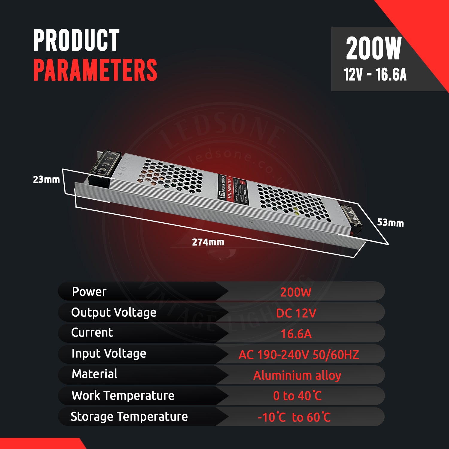 Transformateur LED 200W 12V 16,7A 