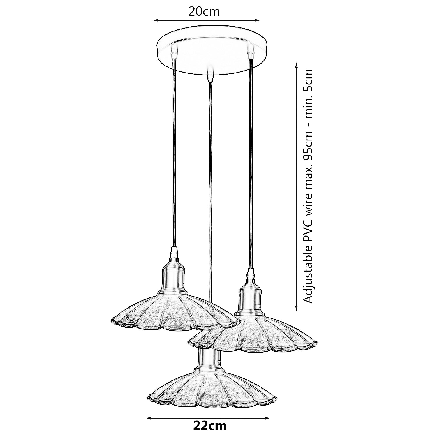 3 Head Industrial Brushed Copper Wavy Metal Ceiling Pendant Light~1483 - LEDSone UK Ltd