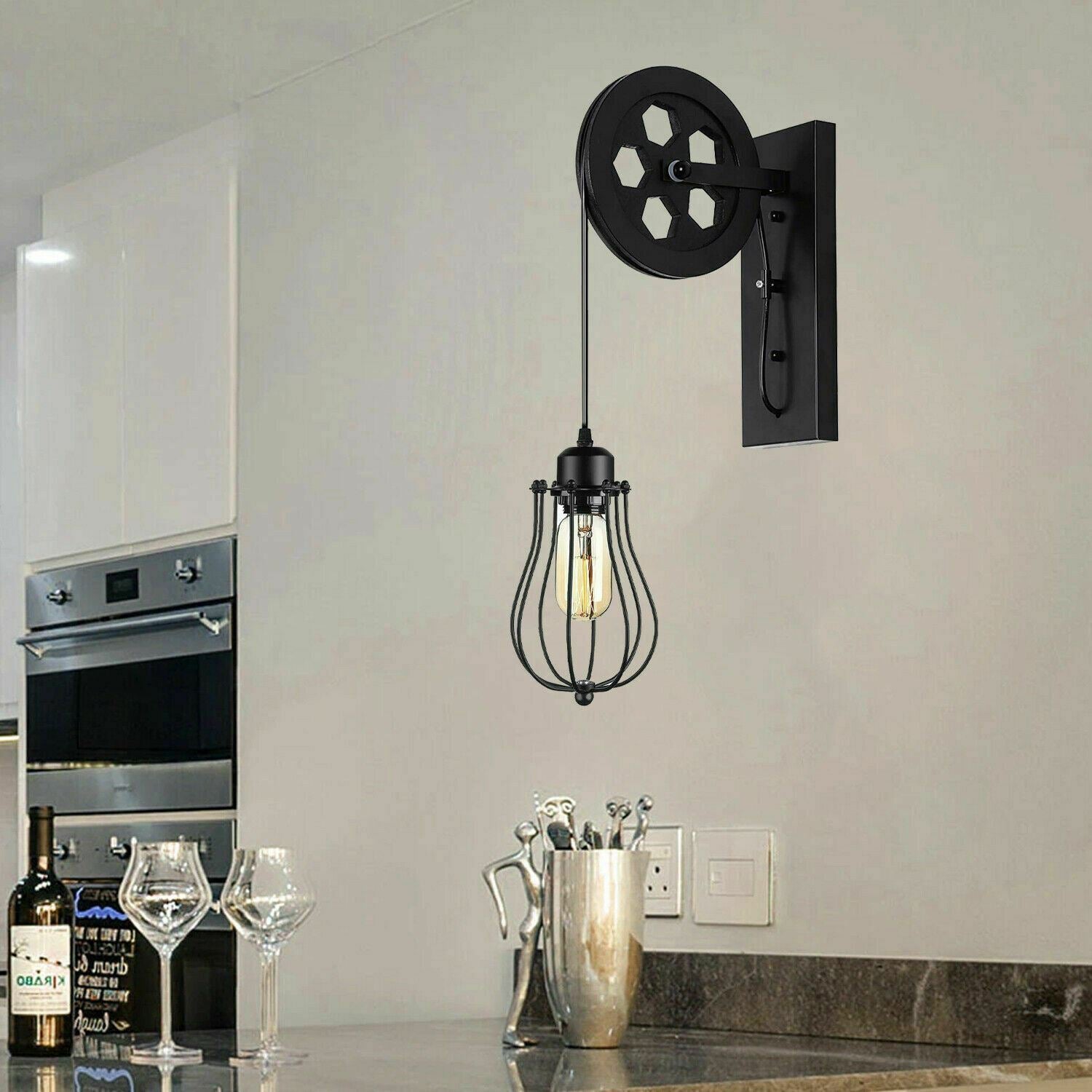 Retro Industrial Pulley Wheel Wall Light Fixture Metal Balloon Cage Shade Indoor Light Fitting~1212 - LEDSone UK Ltd