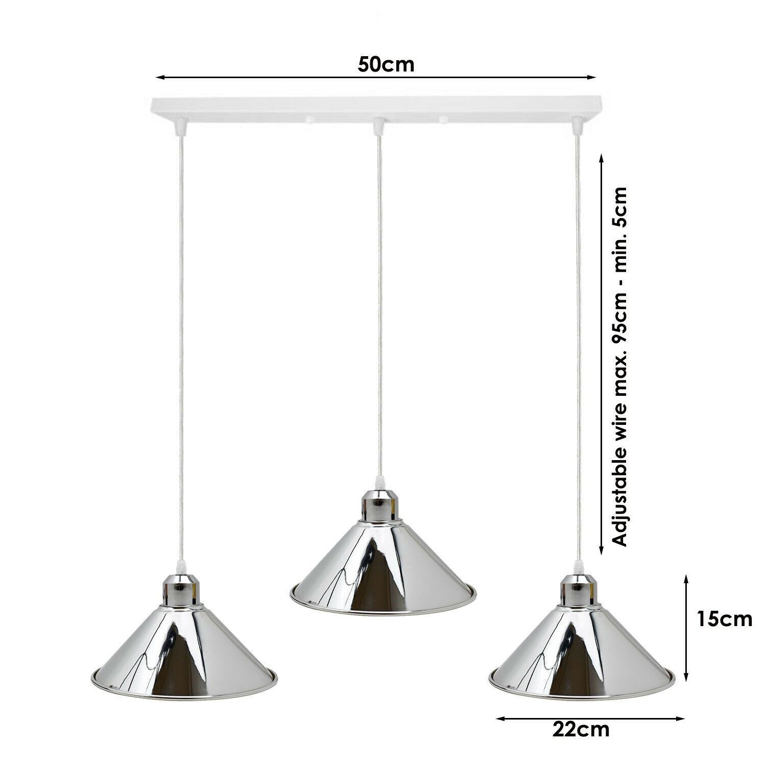 Modern Industrial Chrome 3 Way Ceiling Pendant Light Metal Cone Shape Shade Indoor Hanging Lighting For Bedroom, Dining Room, Living Room~1183 - LEDSone UK Ltd