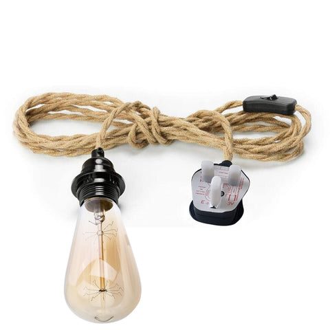 2M Plug In Pendant chanvre avec interrupteur et support noir ~ 3870 