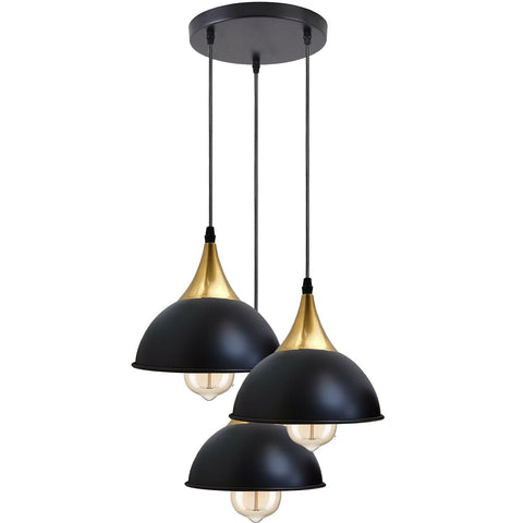 Plafonnier suspendu industriel rétro à 3 voies, luminaire décoratif d'intérieur en forme de dôme noir, ~ 3396