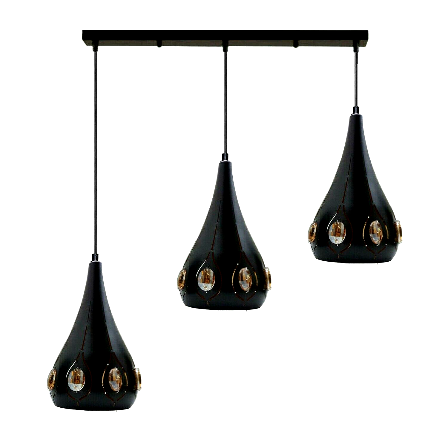 Modern Retro Industrial Crystal Ceiling Light Black Shade 3Head Hanging Pendant Lights~3649 - LEDSone UK Ltd