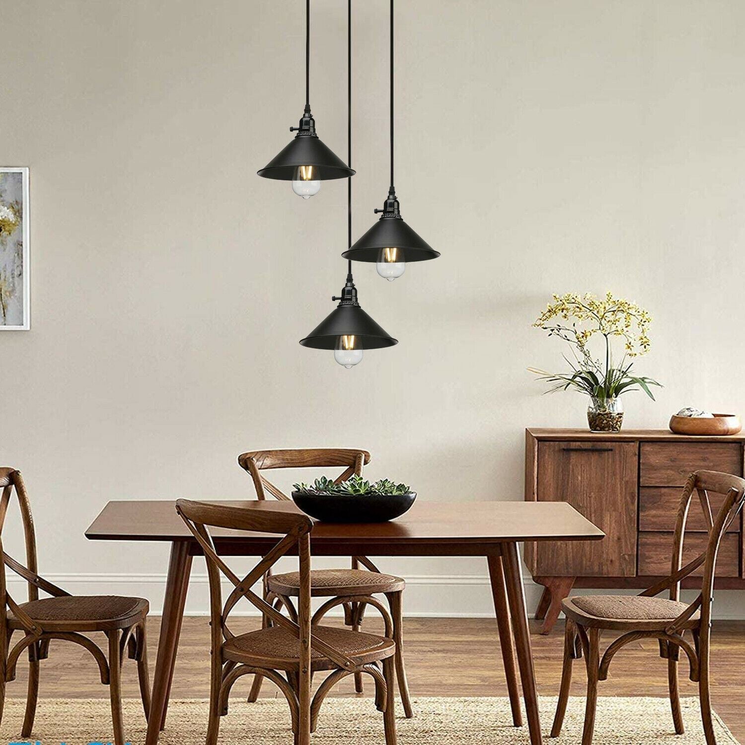 3 Way Vintage Black Ceiling Pendant Light Metal Retro Loft Hang Lampshade - Application Image 2