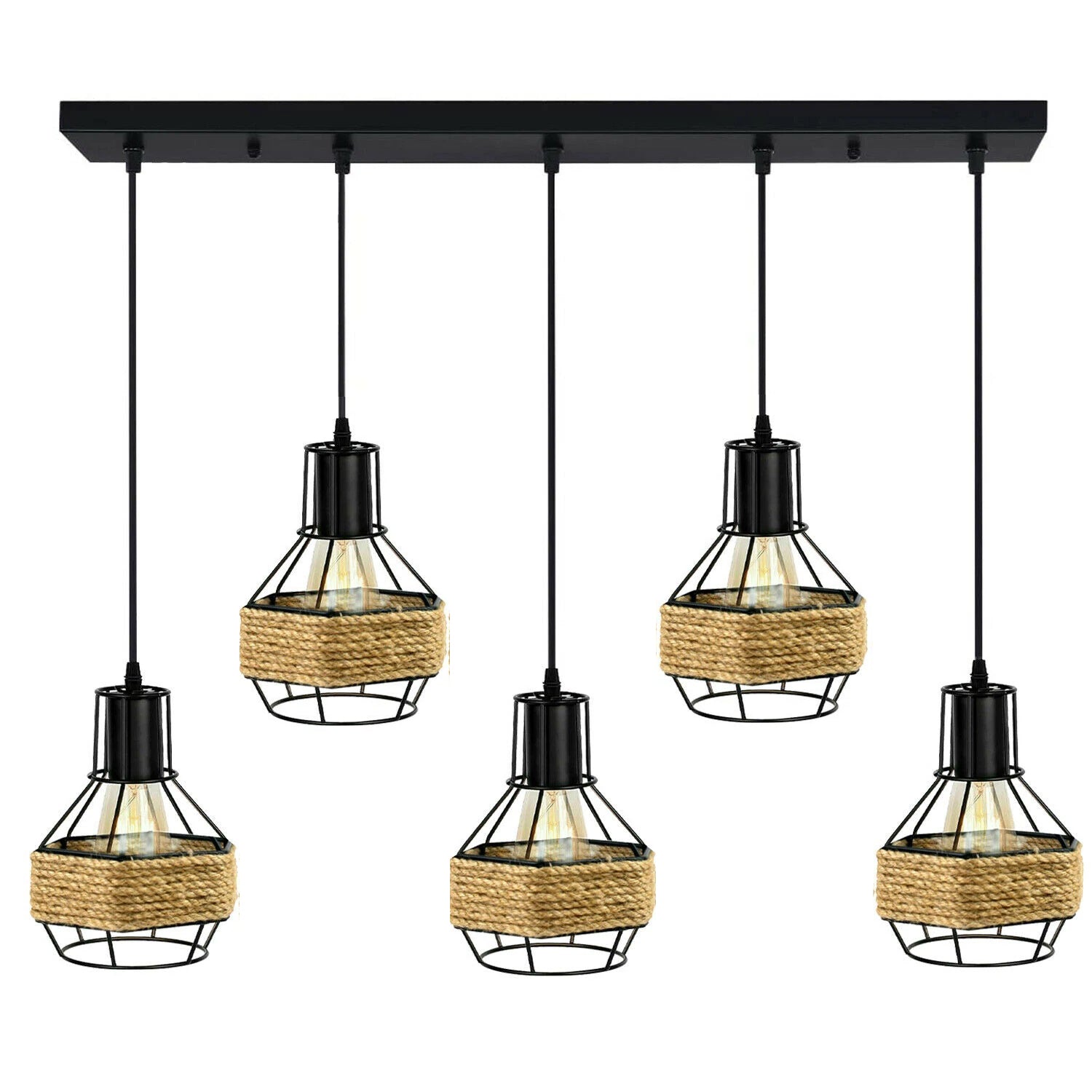  Industrial Hemp Rope Chandelier 5 Head Metal Ceiling Pendant Light