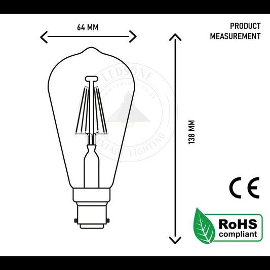 Ampoules à filament LED classiques rétro à baïonnette ST64 8W à intensité variable ~ 3208