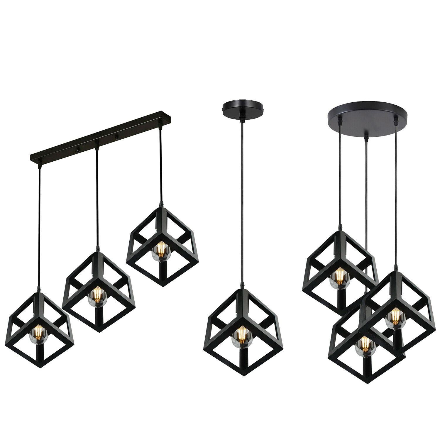 Vintage Industrial 1/3 Light Black Square Cluster Pendant Light Fitting~1256 - LEDSone UK Ltd