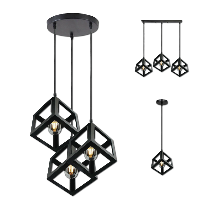 Vintage Industrial 1/3 Light Black Square Cluster Pendant Light Fitting for living rooms