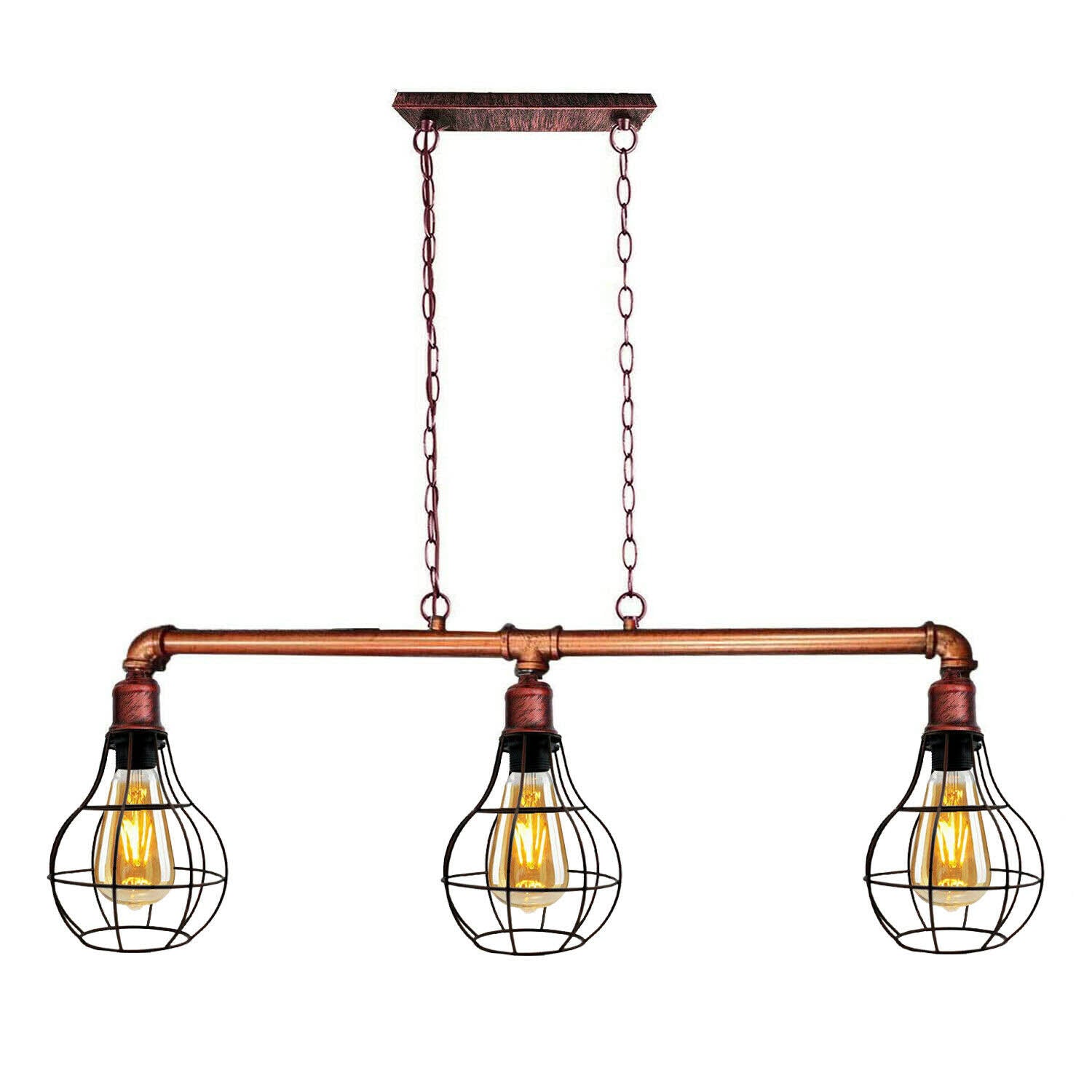 Rustic Red Retro Pendant Pipe Light 3 Head Cage Suspended 