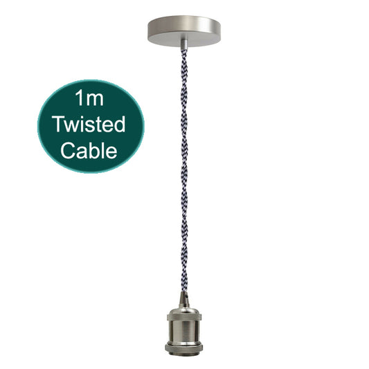 1m Black And White Twisted Cable E27 Base Satin Nickel Holder~1709 - LEDSone UK Ltd
