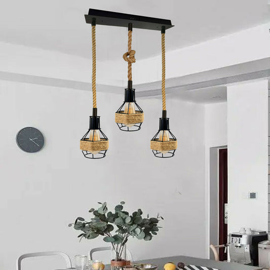 Vintage Industrial E27 3 Head Hemp Rope Pendant Ceiling Light Retro Decor~2230 - LEDSone UK Ltd