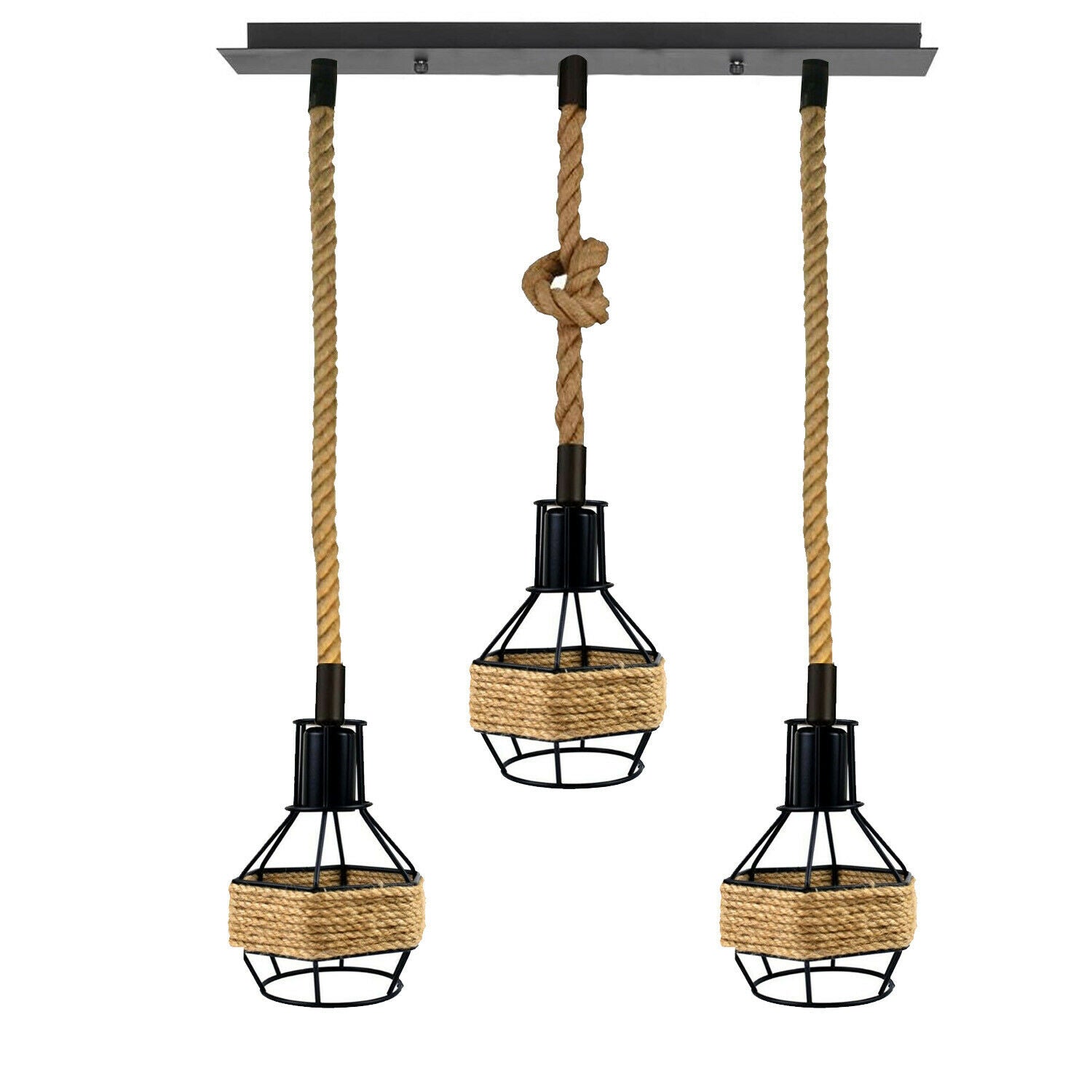 Vintage Industrial E27 3 Head Hemp Rope Pendant Ceiling Light Retro Decor~2230 - LEDSone UK Ltd