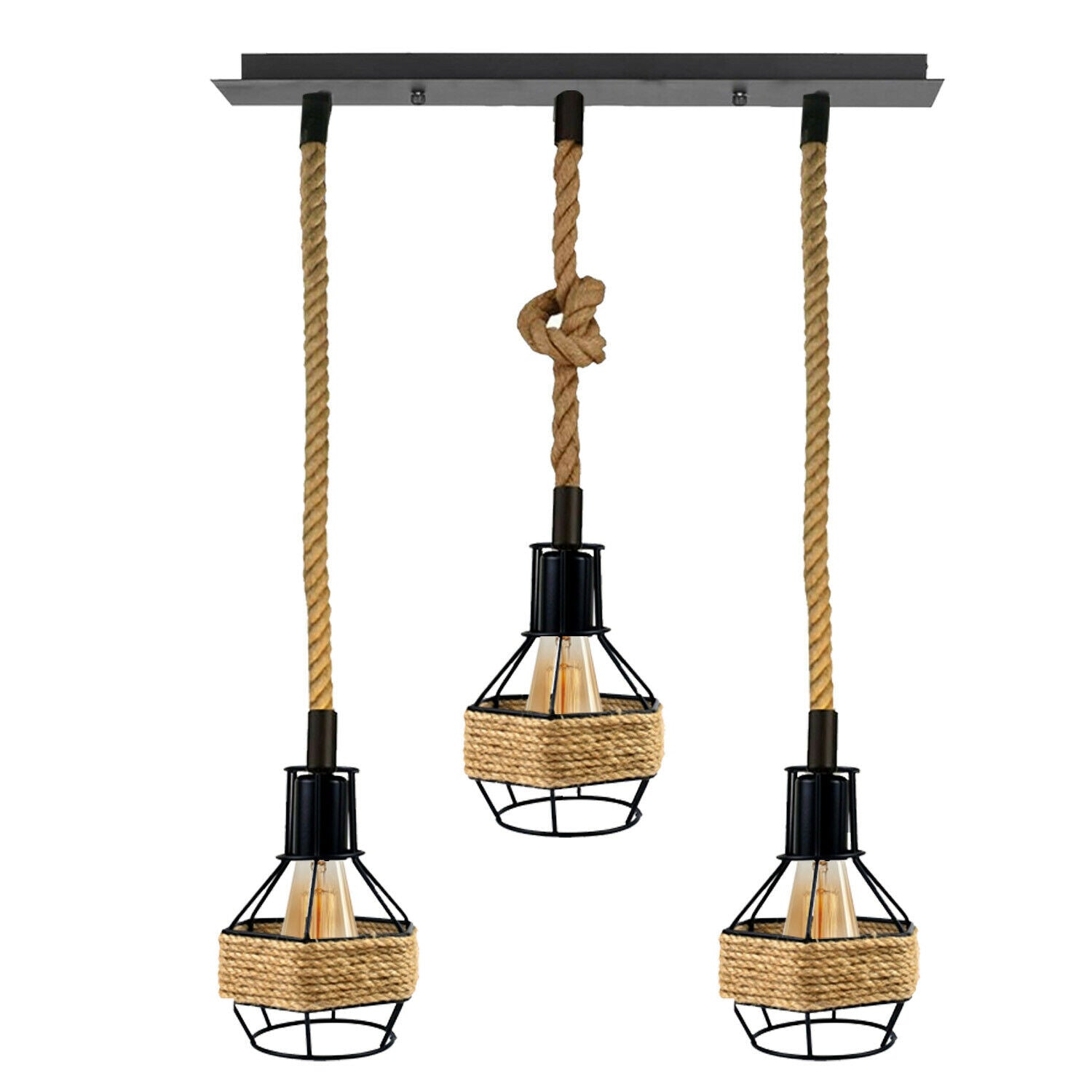 Vintage Industrial E27 3 Head Hemp Rope Pendant Ceiling Light Retro Decor~2230 - LEDSone UK Ltd