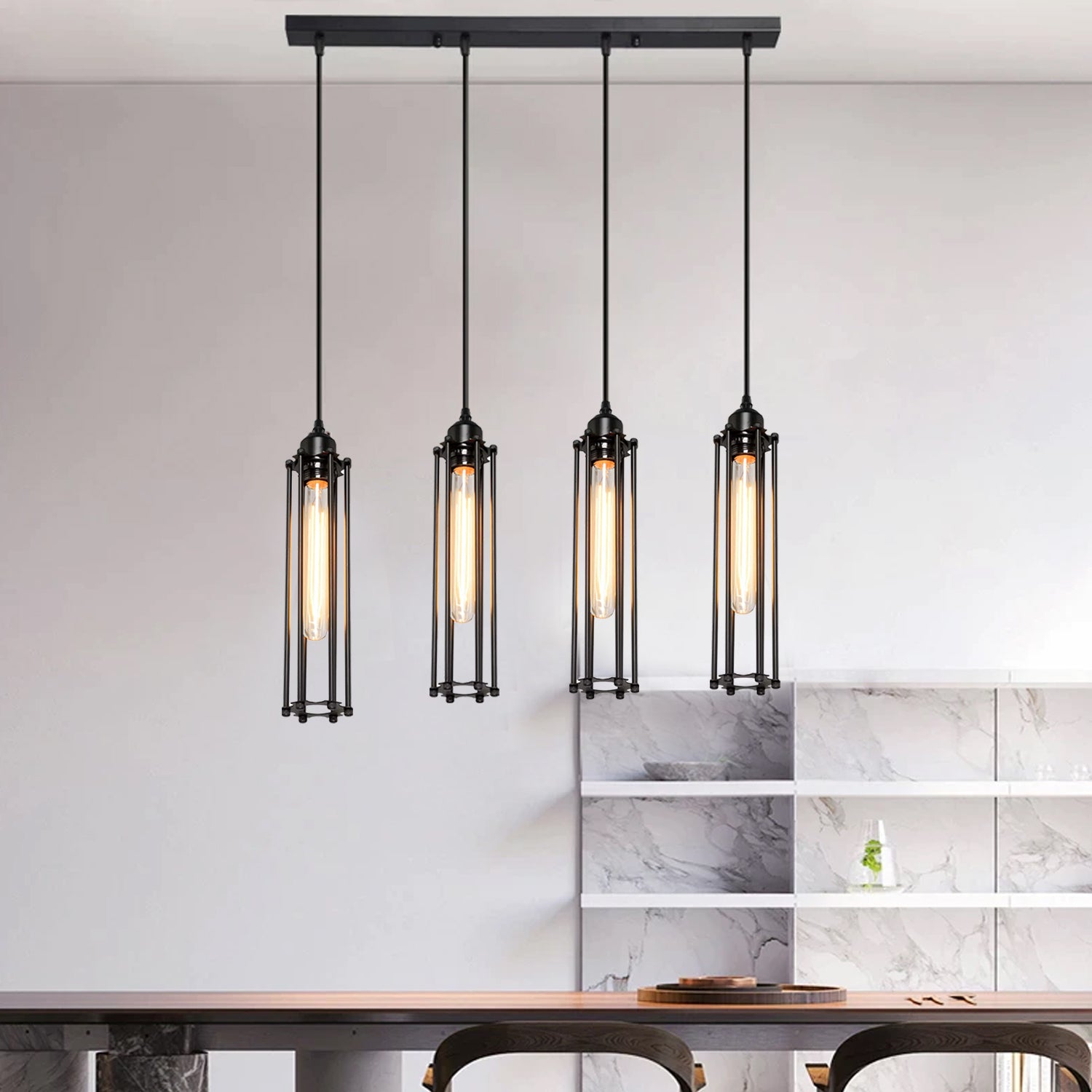 Industrial 4 Way Pendant Light Long Wire Cage