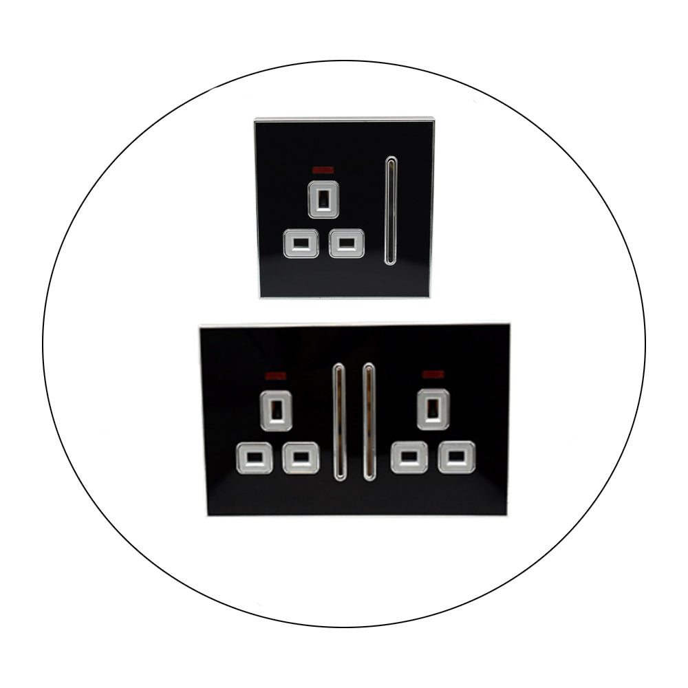 Decorative Black Glossy Main Plug Sockets Full Range Satin Gold Inserts UK~2309 - LEDSone UK Ltd