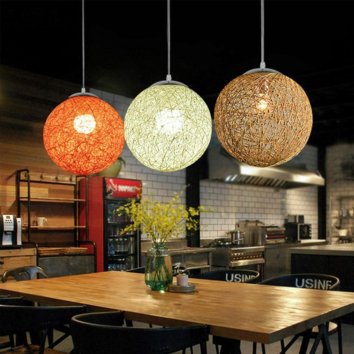 Modern Industrial Rattan Wicker Woven Ball Globe Two Outlet Pendant Light Hanging Ceiling Lamp For Bedroom, Kitchen, Study room~1331 - LEDSone UK Ltd