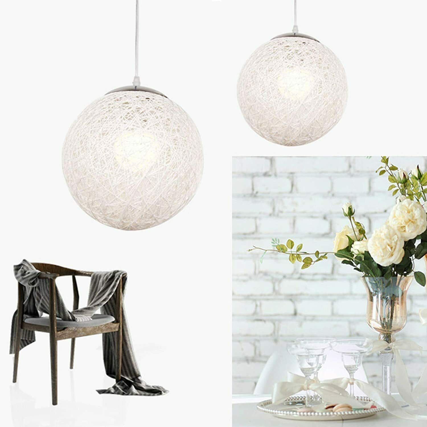 Modern Industrial Rattan Wicker Woven Ball Globe Two Outlet Pendant Light Hanging Ceiling Lamp For Bedroom, Kitchen, Study room~1331 - LEDSone UK Ltd