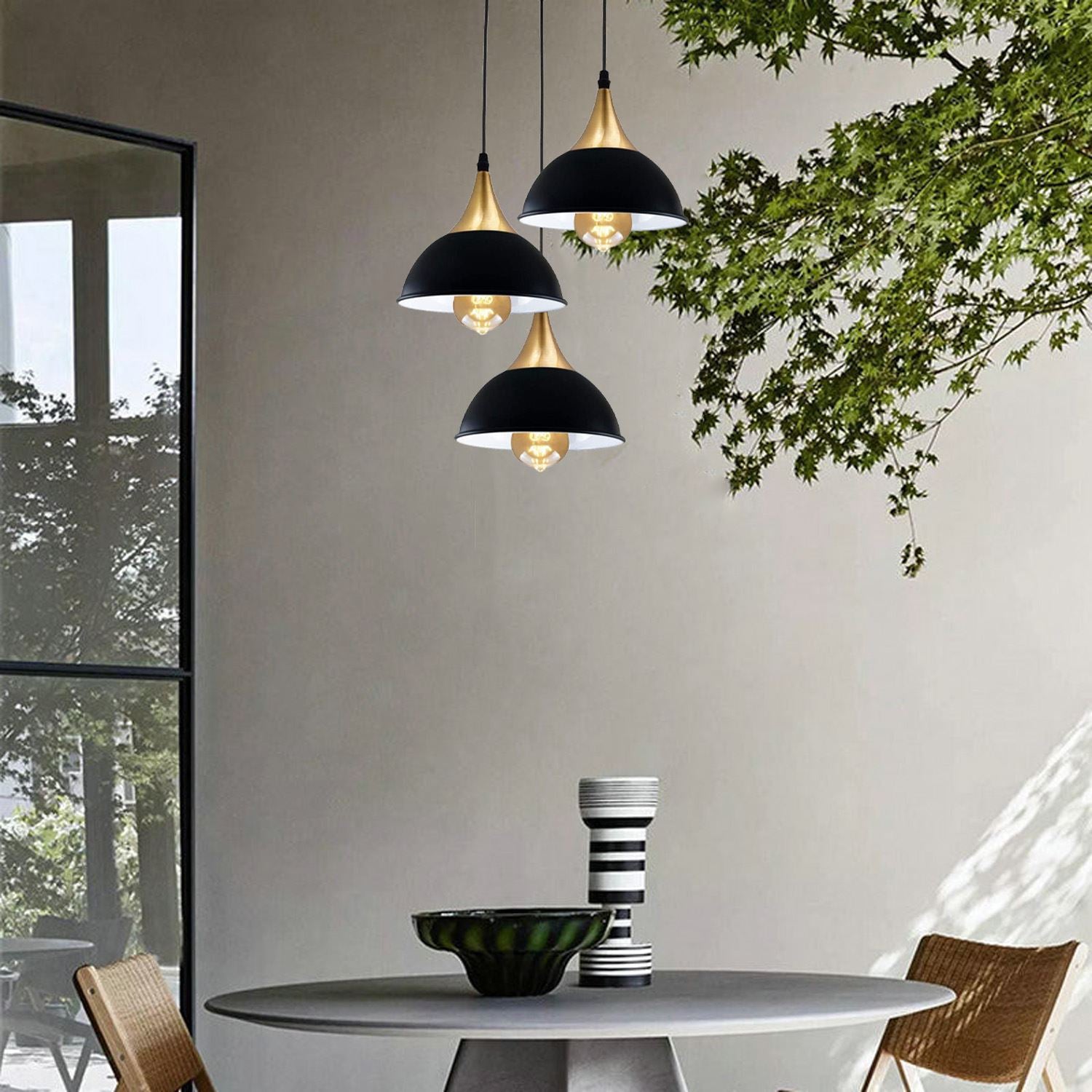 Retro Industrial 3Way Hanging Ceiling Pendant Light Black Dome Shape Shade Indoor Light~3396 - LEDSone UK Ltd