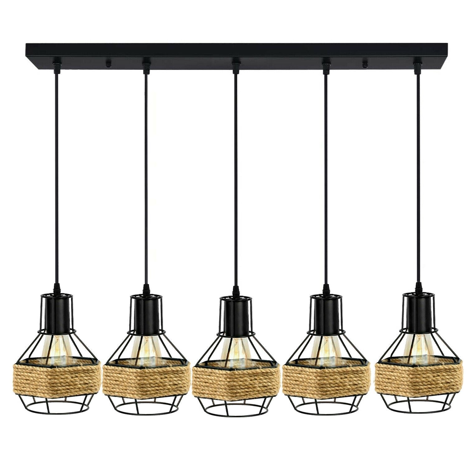  Industrial Hemp Rope Chandelier 5 Head Metal Ceiling Pendant Light