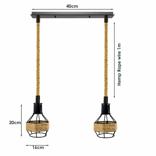 Vintage 2 têtes suspendues rétro éclairage industriel métal chanvre plafonnier ~ 4103